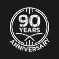 90th Anniversary logo or icon. 90 years round stamp design with grunge, rough texture. Birthday celebrating, jubilee